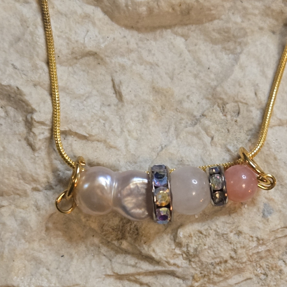 Baroque Pearl Vibe Bar Necklace | Rose Quartz & Pink Jade | 18Kgp Chain - Picture 3 of 7